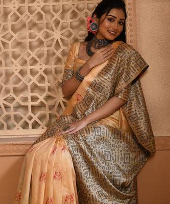 Cream color banglori handloom  silk blend with rich weaving pallu saree with blouse piece 3