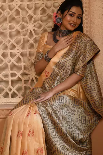 Cream color banglori handloom  silk blend with rich weaving pallu saree with blouse piece
