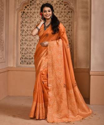 Orange color banglori handloom  silk blend with rich weaving pallu saree with blouse piece 1