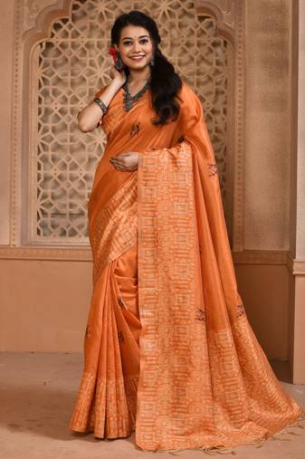 Orange color banglori handloom raw silk with rich weaving pallu saree with blouse piece
