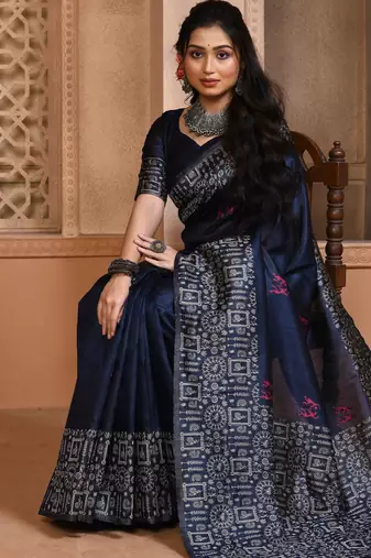 Blue color banglori handloom  silk blend with rich weaving pallu saree with blouse piece