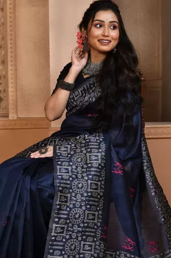 Blue color banglori handloom  silk blend with rich weaving pallu saree with blouse piece