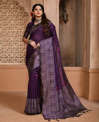Purple banglori handloom raw silk with rich weaving pallu saree with blouse piece 1