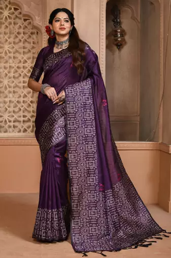 Purple banglori handloom raw silk with rich weaving pallu saree with blouse piece