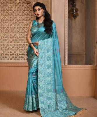 Sky blue color banglori handloom  silk blend with rich weaving pallu saree with blouse piece 1