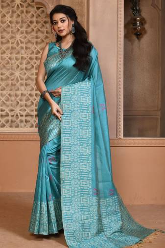 Sky blue color banglori handloom raw silk with rich weaving pallu saree with blouse piece