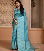 Sky blue color banglori handloom raw silk with rich weaving pallu saree with blouse piece