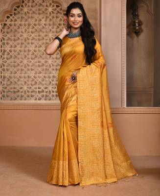 Yellow color khadi tussar silk blend thread & kantha stitched border work saree with blouse 1