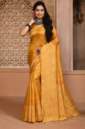Yellow color khadi tussar silk thread & kantha stitched border work saree with blouse