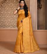 Yellow color khadi tussar silk thread & kantha stitched border work saree with blouse