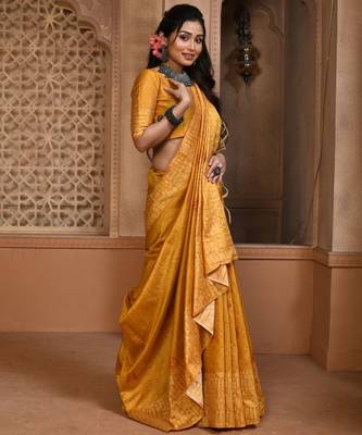 Yellow color khadi tussar silk blend thread & kantha stitched border work saree with blouse 2