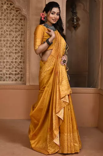 Yellow color khadi tussar silk blend thread & kantha stitched border work saree with blouse