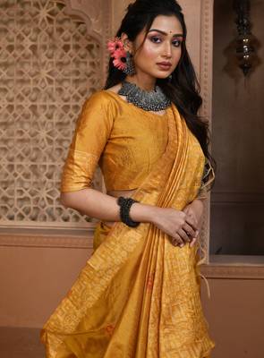 Yellow color khadi tussar silk blend thread & kantha stitched border work saree with blouse 3