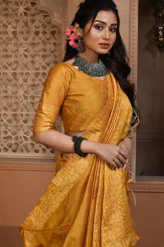 Yellow color khadi tussar silk blend thread & kantha stitched border work saree with blouse