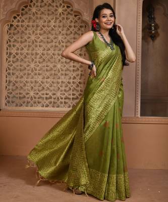 Green color khadi tussar silk blend thread & kantha stitched border work saree with blouse 1