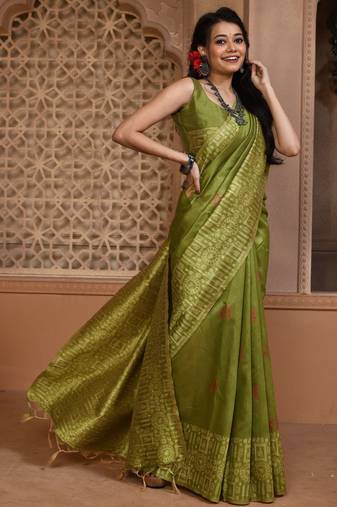 Green color khadi tussar silk thread & kantha stitched border work saree with blouse