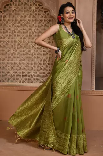 Green color khadi tussar silk thread & kantha stitched border work saree with blouse