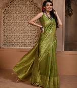 Green color khadi tussar silk thread & kantha stitched border work saree with blouse