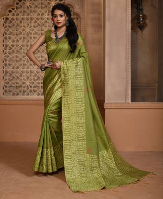 Green color khadi tussar silk blend thread & kantha stitched border work saree with blouse 2