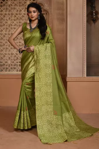 Green color khadi tussar silk blend thread & kantha stitched border work saree with blouse