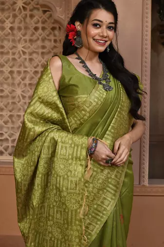 Green color khadi tussar silk blend thread & kantha stitched border work saree with blouse