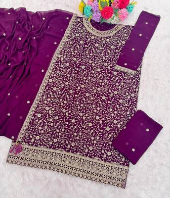 Dark purple georgette Embroidered Salwar suit-Full Stitched Free size 2