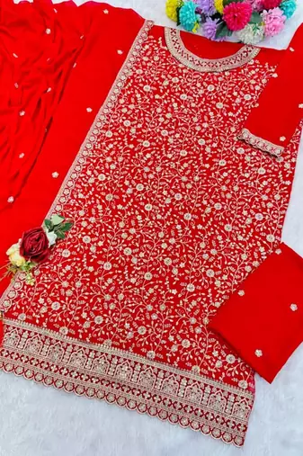 Pink georgette Embroidered Salwar suit-Full Stitched Free size