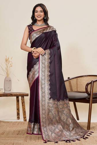 wine satin silk blend saree with unstiched blouse