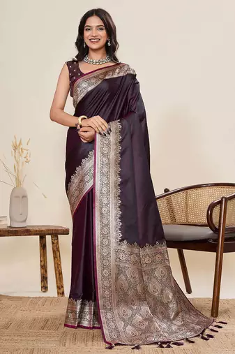 wine satin silk blend saree with unstiched blouse