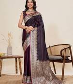 wine satin silk blend saree with unstiched blouse