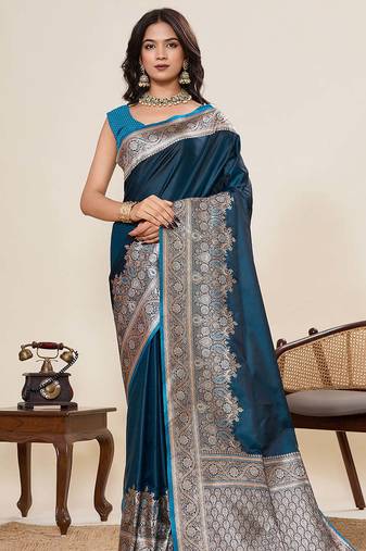 teal satin silk blend saree with unstiched blouse