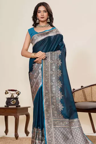 teal satin silk blend saree with unstiched blouse