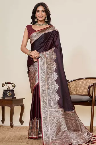 maroon satin silk blend saree with unstiched blouse