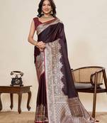 maroon satin silk blend saree with unstiched blouse