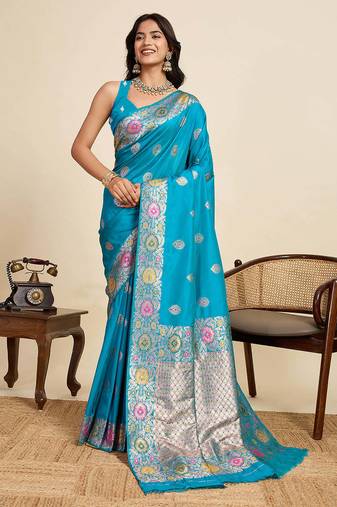 cyan blue jacquard saree with unstiched blouse