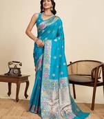 cyan blue jacquard saree with unstiched blouse