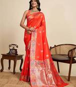 Orange jacquard saree with unstiched blouse