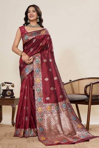 maroon jacquard saree with unstiched blouse
