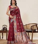 maroon jacquard saree with unstiched blouse