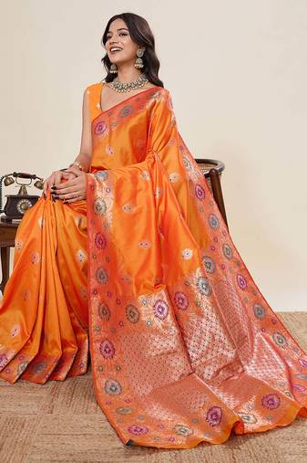 Orange jacquard saree with unstiched blouse
