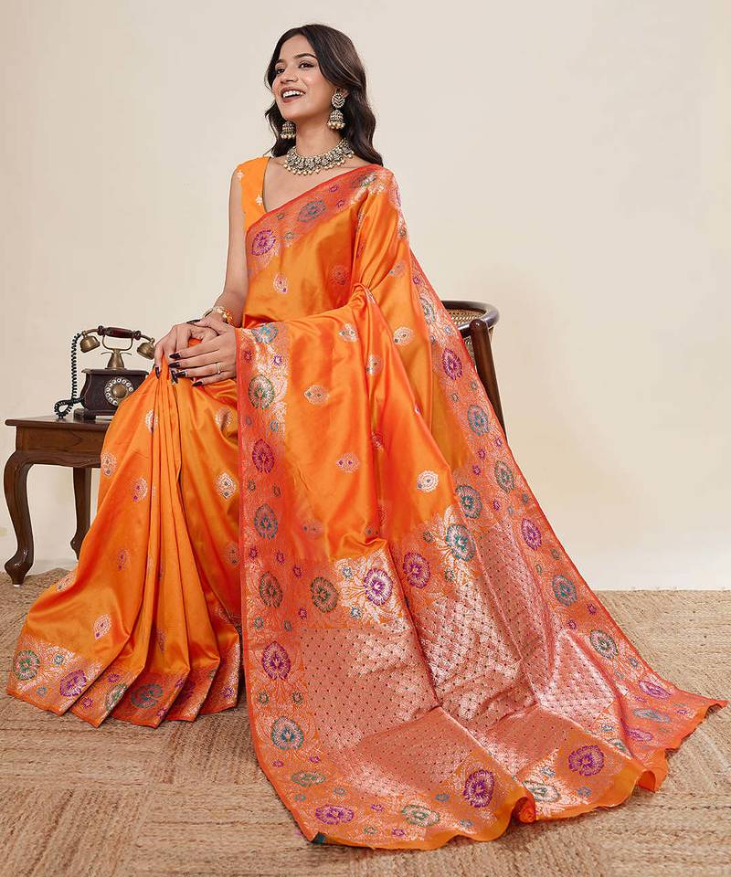 Orange jacquard saree with unstiched blouse