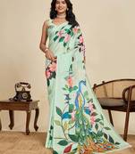 Mint green chinon saree with unstiched blouse