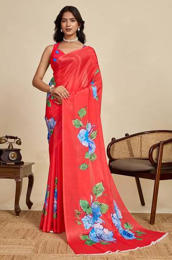 Red chinon saree with unstiched blouse