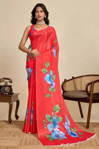 Red chinon saree with unstiched blouse