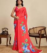 Red chinon saree with unstiched blouse