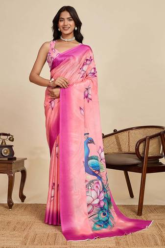 Baby pink chinon saree with unstiched blouse