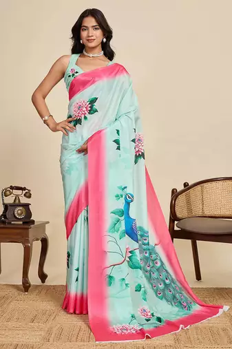 Ice blue chinon saree with unstiched blouse