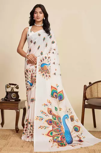 Soft cream chinon saree with unstiched blouse