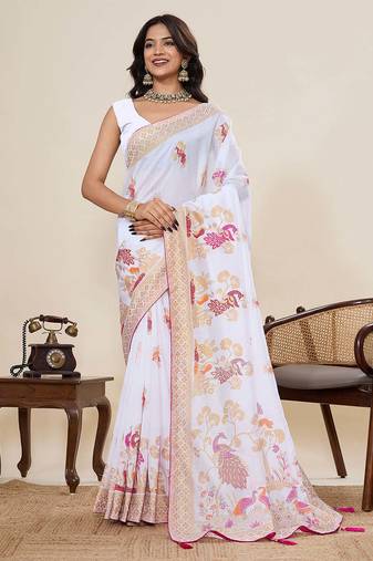 white cotton blend saree with unstiched blouse
