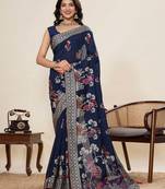 blue cotton blend saree with unstiched blouse